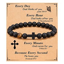 Cross Natural Tiger Eye & Frosted Black Obsidian Round Beads Stretch Bracelets for Men Women, 7-1/8 inch(18cm)(WG92FBF-04)