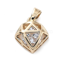 Brass with K9 Glass Pendants, Diamond Charms, Light Gold, 13x12x5.5mm, Hole: 4x2.5mm(X-KK-Z031-10KCG)
