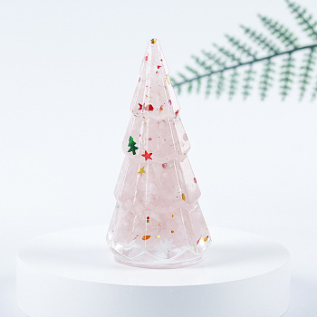 Resin Christmas Tree Display Decoration, with Natural Rose Quartz Chips inside Statues for Home Office Decorations, 45x40x86mm