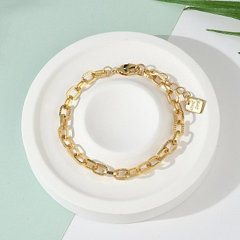 Brass Cable Chain Bracelets, with Lobster Claw Clasps, Long-Lasting Plated, Word Good Luck, Textured, Real 18K Gold Plated, 7-3/8 inch(18.8cm)