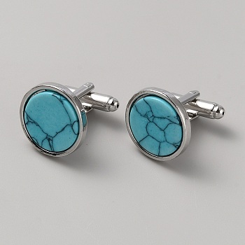 Zinc Alloy Cufflink, with Synthetic Turquoise, for Apparel Accessories, Flat Round, Platinum, 19x18mm