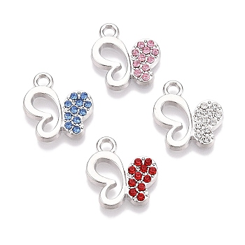 Rack Plating Alloy Pendants, with Rhinestone, Butterfly, Platinum, 15.5x14.5x2mm, Hole: 2mm