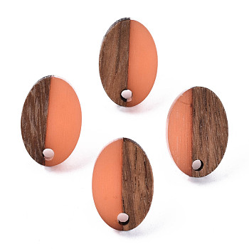 Resin & Walnut Wood Stud Earring Findings, with 304 Stainless Steel Pin, Oval, Coral, 15x10mm, Hole: 1.8mm, Pin: 0.7mm