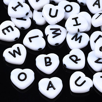 Opaque Acrylic Beads, Heart, White & Black, Random Mixed Letters, 11x11.5x4mm, about 1483pcs/500g