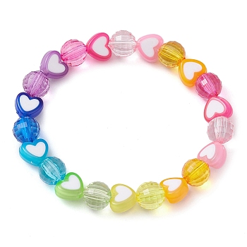 Heart & Faceted Round Acrylic Beaded Stretch Bracelets, Rainbow Color Kid Bracelets for Girls, Colorful, Inner Diameter: 1-7/8 inch(4.8cm), Bead: 8mm and 8x7mm