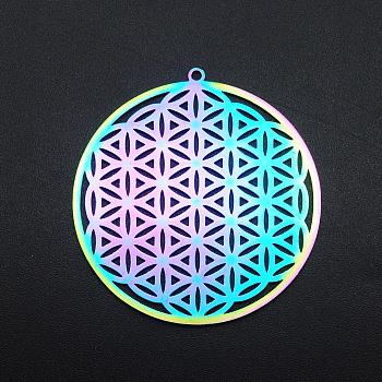 Ion Plating(IP) 201 Stainless Steel Pendants, Spiritual Charms, Laser Cut, Flower of Life, Rainbow Color, 42x40x1mm, Hole: 1.6mm