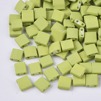 2-Hole Glass Seed Beads, Rubberized Style, Rectangle, Yellow Green, 5x4.5~5.5x2~2.5mm, Hole: 0.5~0.8mm