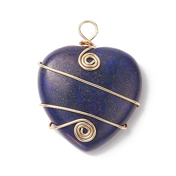 Natural Lapis Lazuli Copper Wire Wrapped Pendants, Heart Charms, Light Gold, 37.5~39x31~31.5x9~9.5mm, Hole: 4.5mm