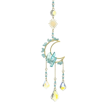 Natural Aquamarine & Glass Pendants Decoration, with 304 Stainless Steel Split Rings, Moon & Sun, 300mm