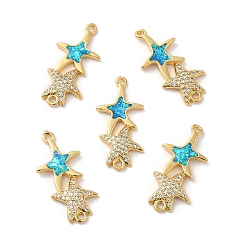 Rack Plating Brass Micro Pave Clear Cubic Zirconia Connector Charms, Star Links with Synthetic Opal, Lead Free & Cadmium Free, Long-Lasting Plated, Real 18K Gold Plated, 28.5x13.5x3.1mm, Hole: 1.4mm