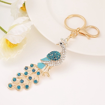 Alloy Rhinestone Keychain, Peacock, Aquamarine, 15.6cm