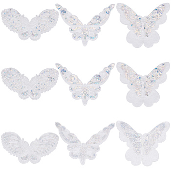 18Pcs 3 Style Butterfly Gauze Embroidery Ornaments Accessories, Lace Sequins Clothing Sew on Patches, Suitable for Wedding Dress, Performance Clothes, White, 125~195x170~230x0.5mm, 6pcs/style