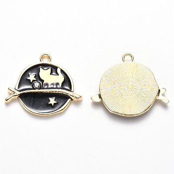 Alloy Enamel Pendants, with Crystal Rhinestone, Flat Round, Star & Cat, Clear, Light Gold, Black, 22x26x2.5mm, Hole: 2mm
