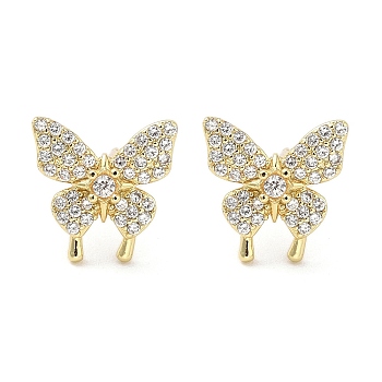 Rack Plating Brass Micro Pave Clear Cubic Zirconia Stud Earrings for Women, Cadmium Free & Lead Free, Long-Lasting Plated, Bowknot, Real 18K Gold Plated, 12x11.5mm