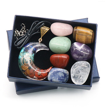7 Chakra Tumbled Stone & Moon Pendant Necklace Mixed Natural Gemstone Healing Stones Set, Reiki Energy Stone Display Decorations, 40x35mm, 8pcs/set