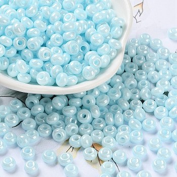 Glass Seed Beads, Opaque Colours Luster, Round, Light Sky Blue, 5~5.5x3~3.5mm, Hole: 1.5~1.6mm, about 3488pcs/pound