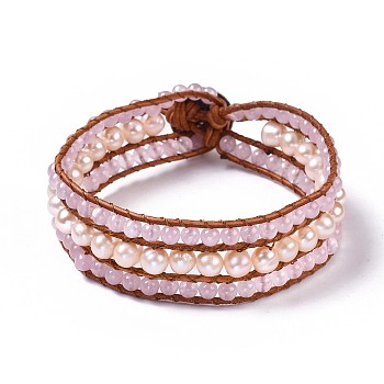 Natural Rose Quartz Beaded Cord Bracelets, with Freshwater Pearl, Leather Cord and Alloy Clasps, 8-5/8 inch(22cm), 20mm