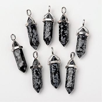 Natural Snowflake Obsidian Double Terminated Pointed Pendants, with Random Alloy Pendant Hexagon Bead Cap Bails, Bullet, Platinum, 37~40x12mm, Hole: 3mm