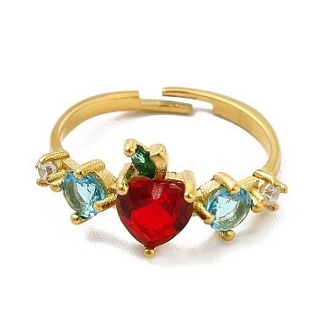 Colorful Cubic Zirconia & Rhinestones Apple Adjustable Ring, 201 Stainless Steel Jewelry for Women, Golden, Inner Diameter: 16mm