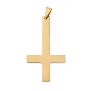 201 Stainless Steel Big Pendants, Inverted Cross, Ion Plating(IP), Real 18K Gold Plated, 55x30.5x1.5mm, Hole: 7.5x4.5mm