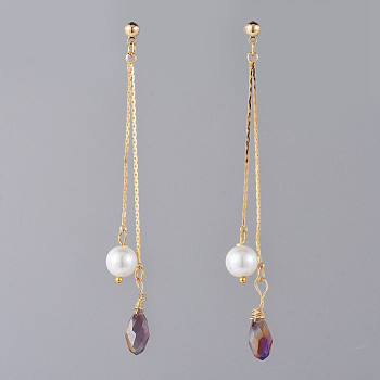 Long Chain Earrings, Brass Dangle Stud Earrings, with Glass Beads and Earring Backs, Golden, Purple, 83mm, Pin: 0.7mm