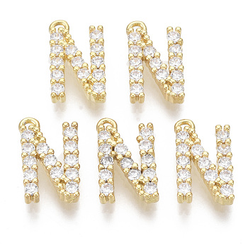Brass Micro Pave Cubic Zirconia Charms, Nickel Free, Letter, Clear, Real 18K Gold Plated, Letter.N, 13.5x8x2.5mm, Hole: 1.2mm