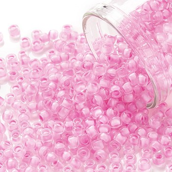 TOHO Round Seed Beads, Japanese Seed Beads, (969) Inside Color Crystal/Neon Carnation Lined, 8/0, 3mm, Hole: 1mm, about 1110pcs/50g