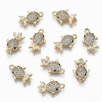 Brass Micro Pave Clear Cubic Zirconia Charms, Nickel Free, Goldfish Shape, Real 18K Gold Plated, 14x8.5x3mm, Hole: 1.2mm
