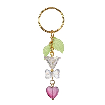 Bowknot & Heart Glass Pendant Decorations, with Acrylic Leaf/Flower Charm amd Iron Split Key Rings, Old Rose, 8.8cm