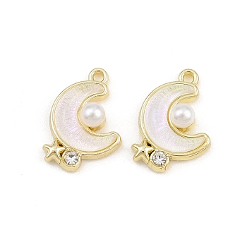 Alloy Crystal Rhinestone Pendants, with Plastic Imitation Pearl, Moon Charms, Golden, 17.5x12.5x5.5mm, Hole: 1.4mm