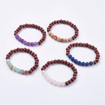 Frosted Mixed Gemstone Stretch Bracelets, with Wood  & 304 Stainless Steel Findings, Burlap Packing, 2 inch(52mm)