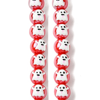 Handmade Porcelain Beads Strands, Hand Drawn Beads, with Enamel, Round, Red, 14x12x11mm, Hole: 2.5mm, about 30pcs/strand, 13.39''(34cm)