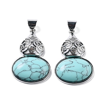 Synthetic Turquoise Oval Pendants, Platinum Tone Alloy Pave Crystal Rhinestone Gourd Charms, 43.5x28x7.5mm, Hole: 5.8x7.2mm