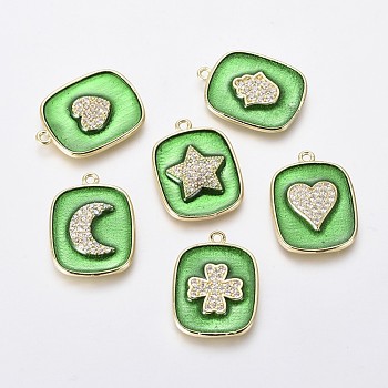 Brass Micro Pave Clear Cubic Zirconia Pendants, with Green Enamel, Rectangle, Golden, 21.5x16x2mm, Hole: 1.4mm