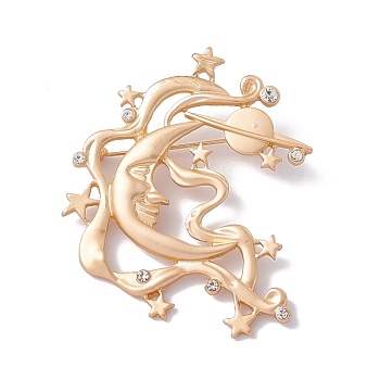 Crystal Rhinestone Moon & Star Lapel Pin, Alloy Badge for Backpack Clothes, Matte Gold Color, 57x48x3.5mm
