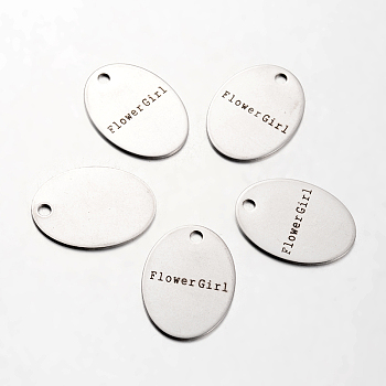 Spray Painted Stainless Steel Pendants, Oval with Word Flowergirl, Stainless Steel Color, 30x22x1mm, Hole: 3mm