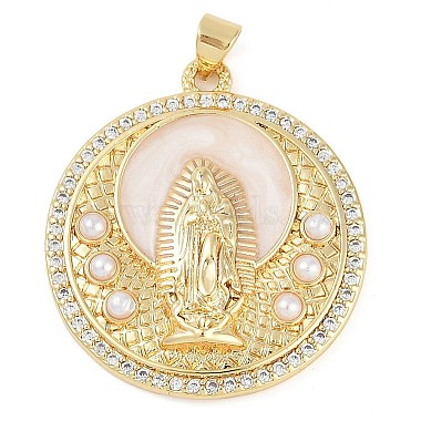 Real 18K Gold Plated Clear Flat Round Brass+Cubic Zirconia+Enamel Pendants