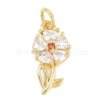 Brass Micro Pave Cubic Zirconia Pendants, Flower Charms, Long-Lasting Plated, Rack Plating, Lead Free & Cadmium Free, Real 18K Gold Plated, Orange, 16.5x8.5x3mm, Hole: 3.2mm(KK-F938-28G-02)