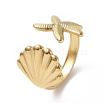 Ion Plating(IP) 304 Stainless Steel Shell with Starfish Open Cuff Ring for Women, Real 18K Gold Plated, Inner Diameter: 18mm(X-RJEW-C046-03G)