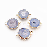 Natural Dyed Quartz Links connectors, with Brass Findings, Flat Round, Golden, Light Steel Blue, 24.5~33x16~23x4~6mm, Hole: 2~2.5mm(G-P399-A10)