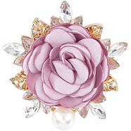 Cloth Rose with Crystal Rhinestone Brooch Pin, Light Gold Alloy Fashion Badge with Imitation Pearl for Clothes Shawl, Purple, 53x51.5x17.5mm(JEWB-WH0028-13LG)