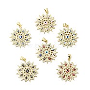 Rack Plating Brass Micro Pave Clear Cubic Zirconia Pendants, with Enamel, Cadmium Free & Lead Free, Real 18K Gold Plated, Flower with Evil Eye, Mixed Color, 29x27x3mm, Hole: 3.5x5mm(ZIRC-I059-09G)