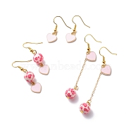 3 Pairs 3 Style Pink Alloy Enamel Charms & Resin Beads Dangle Earrings, Valentine Theme Brass Jewelry for Women, Golden, Heart Pattern, 29~67.5mm, Pin: 0.5mm(EJEW-JE05030-02)