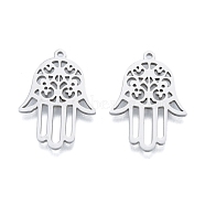201 Stainless Steel Pendant, Hollow Charms, Hamsa Hand/Hand of Miriam with Flower, Stainless Steel Color, 27x19x1.5mm, Hole: 1.4mm(STAS-B027-30P)