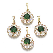 Brass Micro Cubic Zirconia Charms, with Snap on Bails, Flat Round, Light Gold, Green, 15x12x5mm, Hole: 6x4mm(KK-N235-032D)