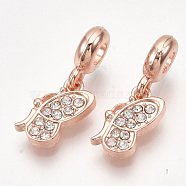 Alloy European Dangle Charms, with Rhinestone, Large Hole Pendants, Butterfly, Crystal, Rose Gold, 25mm, Hole: 4mm(MPDL-S067-020RG)