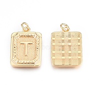Brass Pendants, with Jump Rings, Cadmium Free & Nickel Free & Lead Free, Rectangle with Letter, Real 18K Gold Plated, Letter.T, 22.5x16x2mm, Jump Ring: 5x1mm, 3mm inner diameter(KK-N232-512T)
