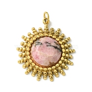 Ion Plating(IP) 304 Stainless Steel Pave Faceted Natural Rhodonite Pendants, Sun Charms, Real 14K Gold Plated, 22x19.5x5mm(FIND-Z028-38A)