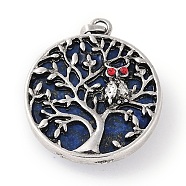 Dyed Natural Lapis Lazuli Tree of Life with Owl Pendants, Rack Plating Anstique Silver Plated Alloy Siam Rhinestone Flat Round Charms, Lead Free & Cadmium Free, 31.5x27.5x10~11mm, Hole: 8x4mm(G-L524-15AS-05)