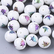 Christmas Opaque Glass Beads, Round with Electroplate Christmas Tree Pattern, Multi-color Plated, 10mm, Hole: 1.2mm(EGLA-R113-02D)